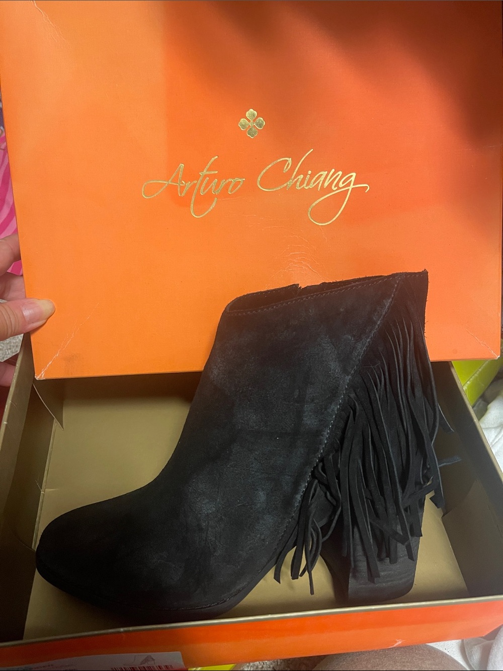 Arturo Chiang Black Suede Fringe Block Heel Ankle Boots